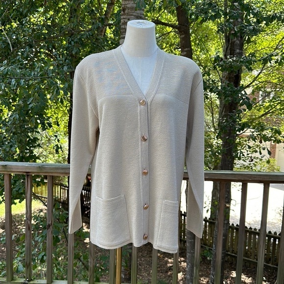 VINTAGE Taupe Cardigan Front Pockets Vertical/Horizontal Stitching XL - Picture 3 of 12